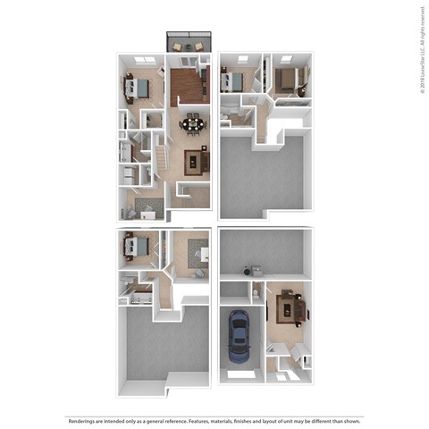 A floor plan of a house with four different layouts displayed.